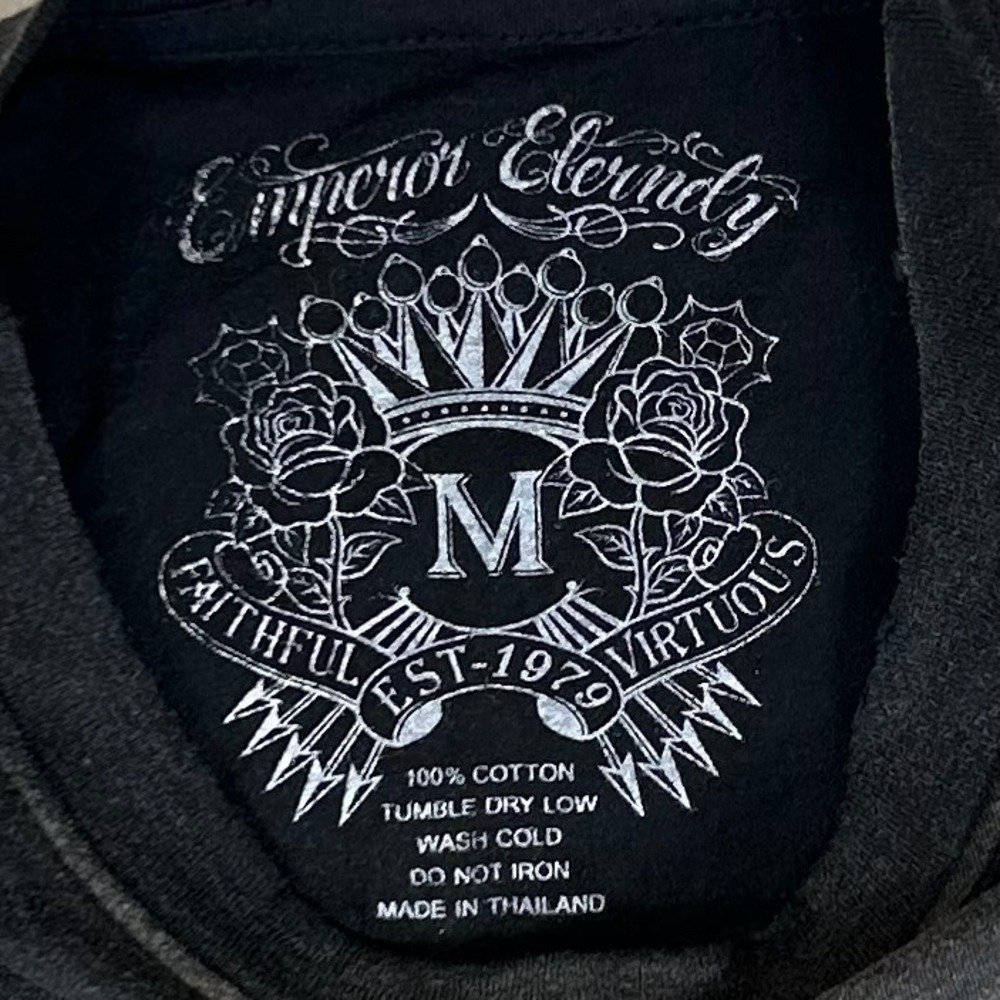 Emperor Eternity Mens Black Graphic T-Shirt Horned Skull Demon Foil Print Medium - Picture 3 of 8
